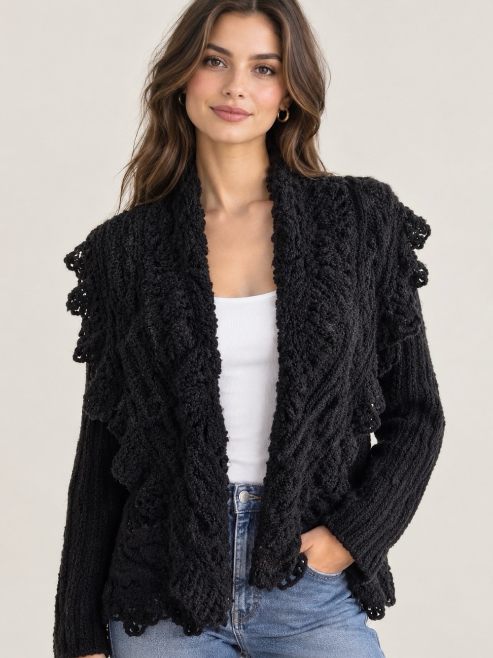 Vintage Escada Black Chunky Knit Open Cardigan Sweater